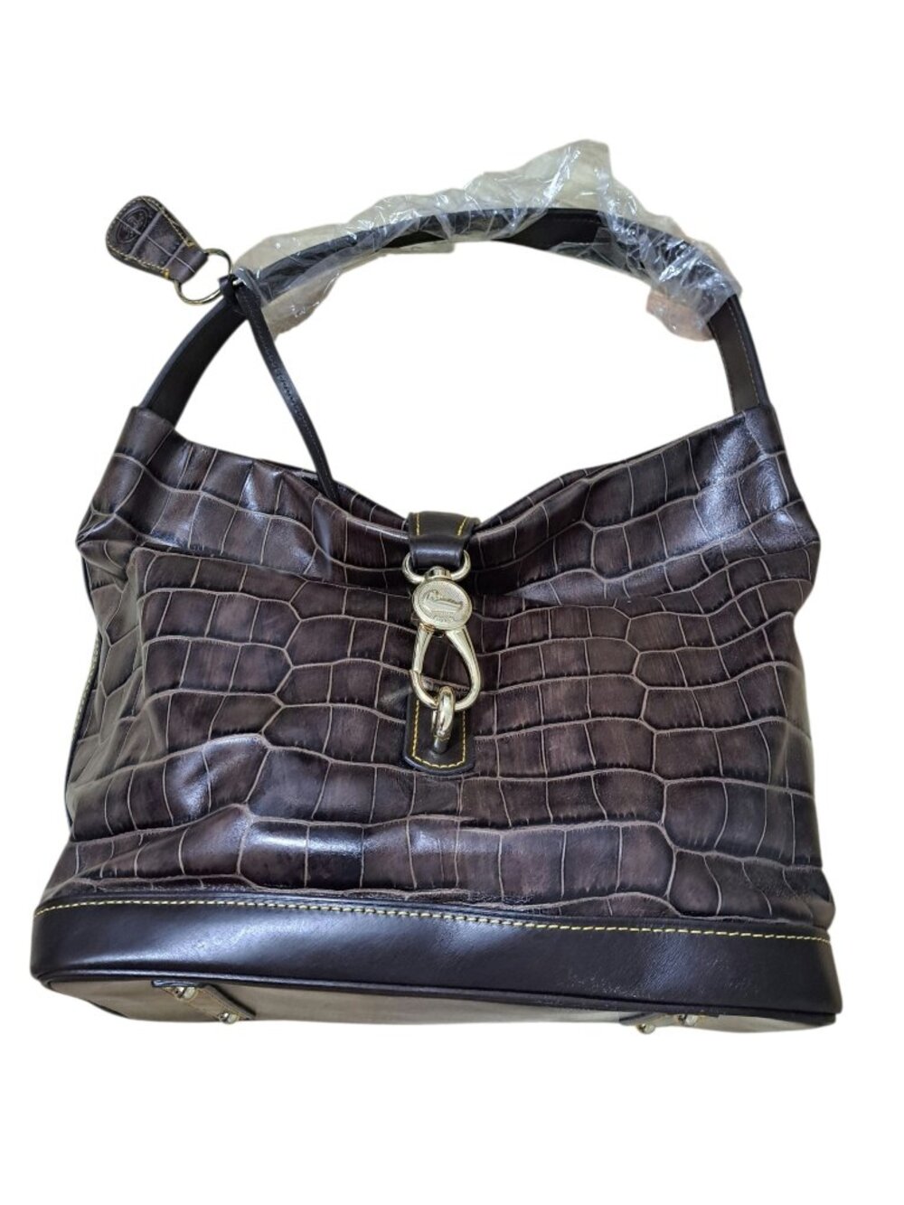 Dooney & Bourke Brown Croco Embossed Leather Logo Lock Hobo Shoulder Bag